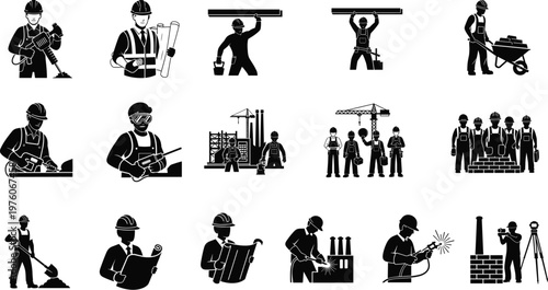 Construction Worker Icon Set with Labor, Tools, Building, and Safety Symbols for Industry, Engineering, and Workforce Management Designs