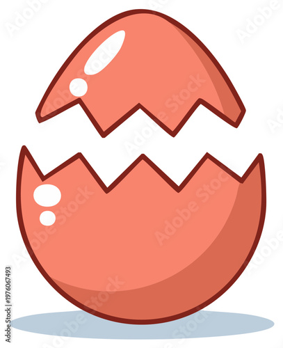 Cute coral cracked eggshell with glossy highlights and a shadow below, cartoon style illustration