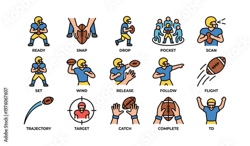 Illustrated american football icons depicting gameplay and strategy elements