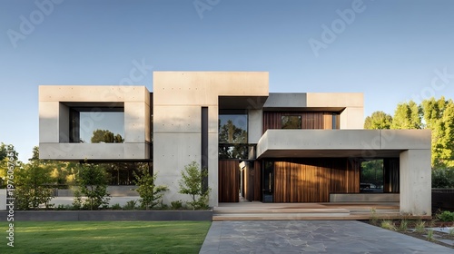 Contemporary minimalist suburban home with asymmetrical design smooth concrete and timber exterior open lawn strong daylight architectural realism