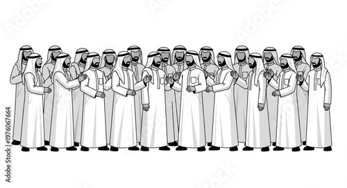 Group of Arab men in traditional attire standing together.