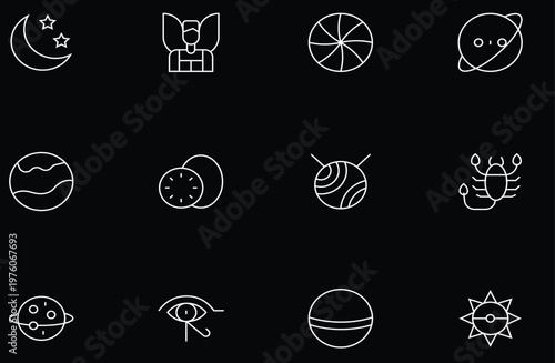 Collection of Minimalist Celestial and Esoteric Vector Line Icons on Black Background
