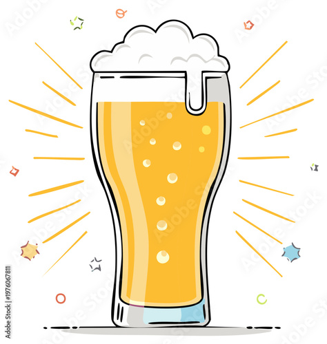Vibrant Illustrated Glass of Cold Beer with Creamy Foam and Effervescent Bubbles Celebration