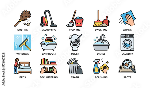 Household chores icons: cleaning tools and activities illustrated