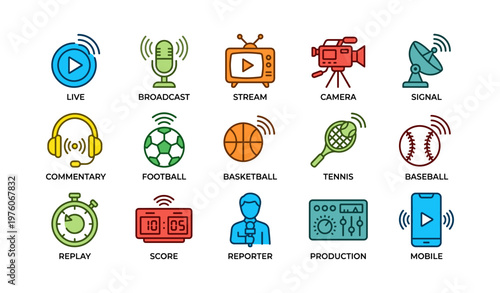 Colorful media and sports icons featuring equipment and activities