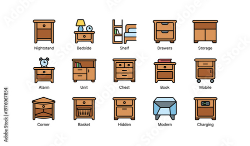 Variety of bedside tables and storage units: nightstand, shelf, drawers, charging
