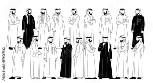 Group of Arab men in traditional clothing, black and white.