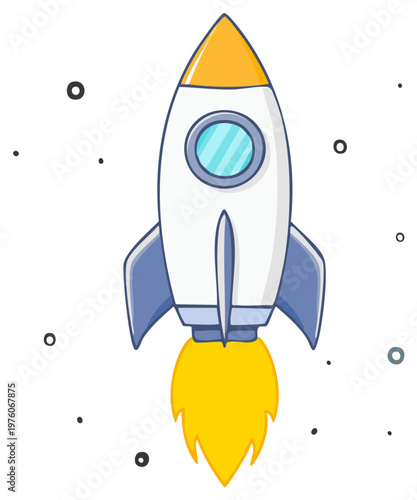 Cute cartoon rocket ship launching into outer space with exhaust flame
