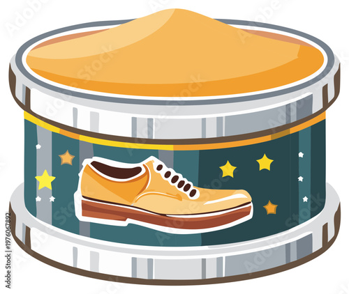 Shoe Polish Jar with shoe image, Yellow cream and star pattern for stock illustration