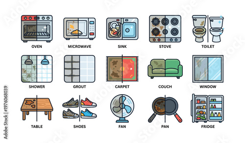 Home essentials icons: appliances, furniture, and utilities collection