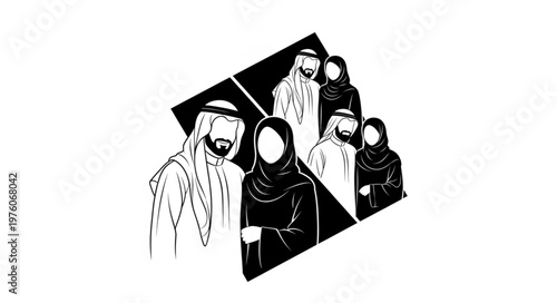 Group of Arab people in traditional attire, focused on the main subject, black and white image.