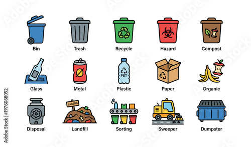 Icons of waste management: recycling, hazard, compost, and trash elements