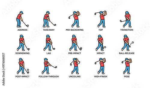 Illustrated stages of a golf swing featuring male golfer in red shirt and blue pants