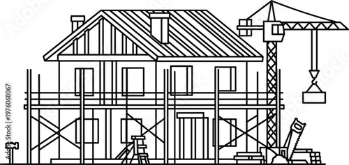 House under construction with crane and scaffolding illustration