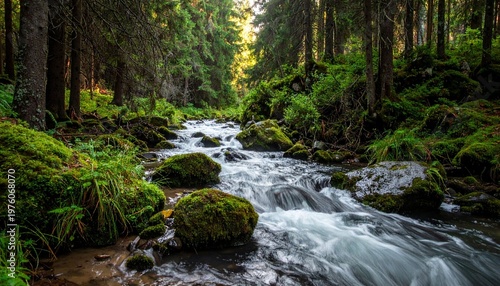 Forest stream flowing through lush landscape