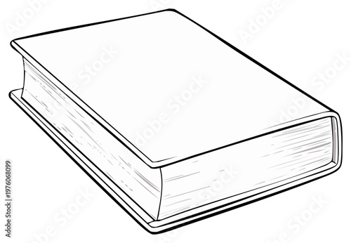 Close-up illustration of a closed hardcover book with blank pages and a simple outline drawing style