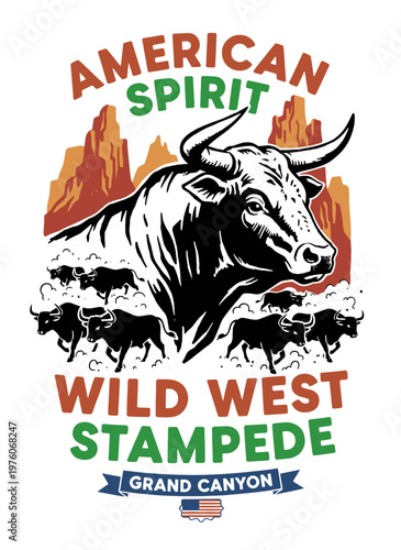 American spirit bull stampede artwork for t-shirt. Wild west vintage design. Grand Canyon mountain adventure. Bull head vector. Western outdoor.