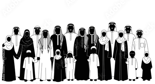 Group of Arab people in traditional clothing, black and white.