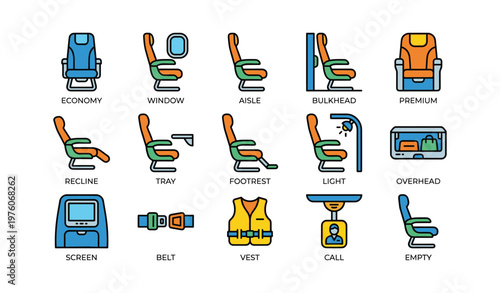 Airplane seating and amenities icons: economy, premium, tray, vest, belt