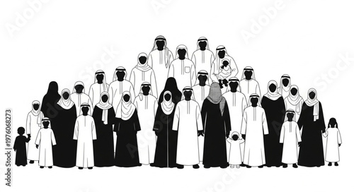 Group of Arab people in traditional attire, standing together.