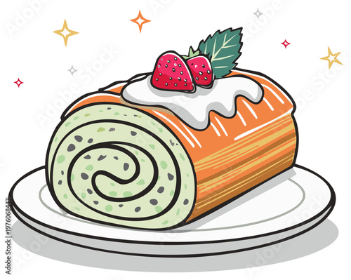 Illustrated Swiss roll cake with strawberries and whipped cream on a plate.