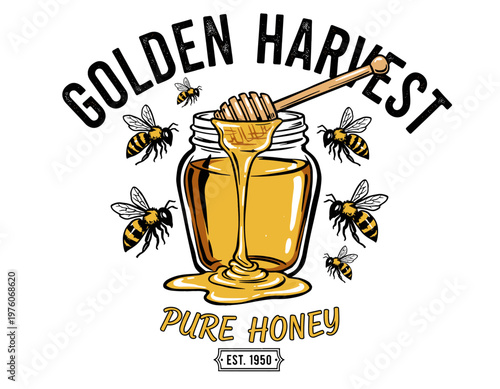 Honey vintage artwork for t shirt. Golden harvest bee design. Pure honey organic food graphic. Bees and honey jar illustration. Sweet nature logo.