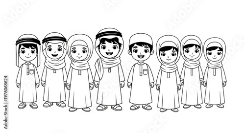Group of cartoon children in traditional Arab clothing.