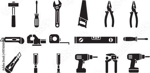 Hardware hand tools collection with hammer screwdriver wrench saw pliers utility knife level and power drill icons isolated on transparent background