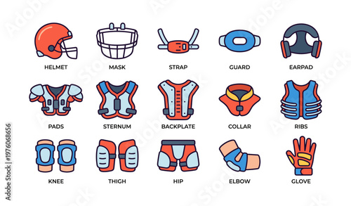 American football protective gear set: helmet, pads, guards, and more
