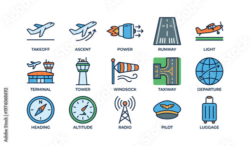 Aviation icons: flight, landing, instruments, navigation, control tower