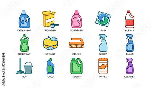 Colorful household cleaning supplies illustration