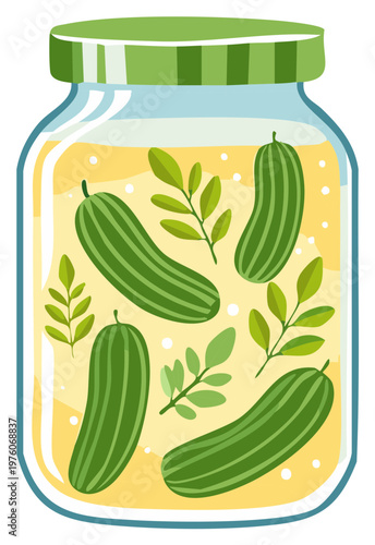 Pickled Cucumbers in Jar with Leaves Cartoon Illustration
