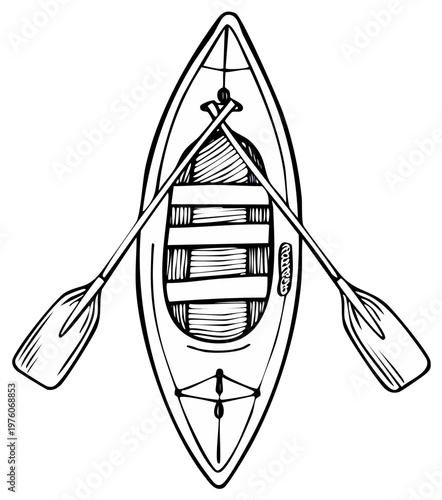 Top view illustration of a kayak with two paddles, hand-drawn outline for water sports and outdoor recreation