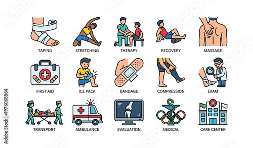 Icons illustrating various physiotherapy and medical care treatments