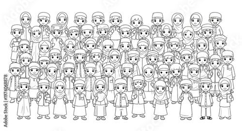 Group of cartoon people standing together in a crowd.