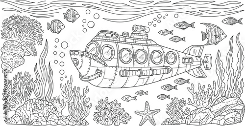 Underwater Submarine Scene Line Art Illustration with Coral Reef Fish Bubbles Ocean Landscape and Marine Life Coloring Page Design