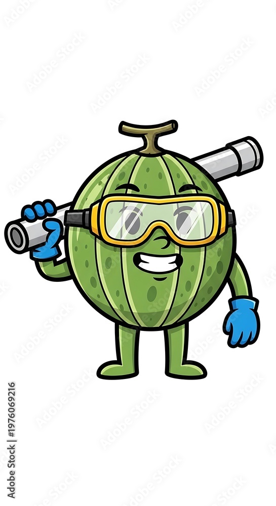 Obraz premium A cartoon melon with a happy face, wearing diving goggles, gloves, and holding a periscope. It is standing upright