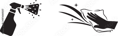 Spray bottle dispensing liquid with cleaning cloth wiping a surface with sparkles