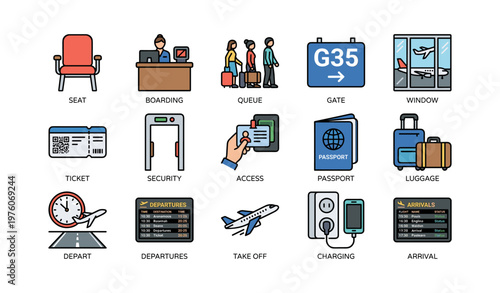 Airport icons: boarding, security, luggage, departure, arrival, flight gate