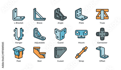 Assorted metal brackets and connectors for structural support