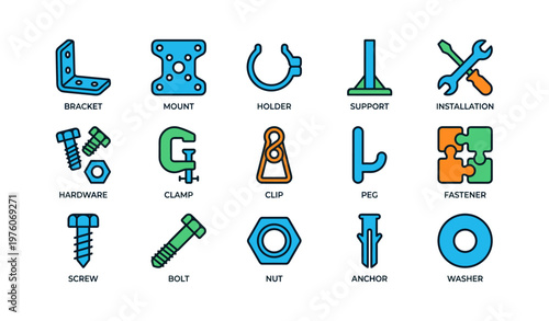 Set of colorful hardware and fastener icons including bracket, clamp, and screw