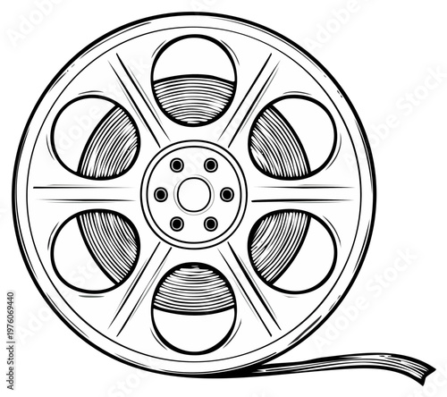 Movie film reel with film strip, vector illustration, engraving style, cinema concept. Retro style, monochrome.