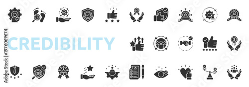 Credibility icon set glyph style with reliable, believable, consistency, reputation, specialist, track record, responsibility icons