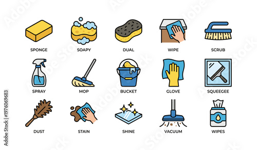Colorful cleaning supplies icon set: sponges, mops, wipes, and more