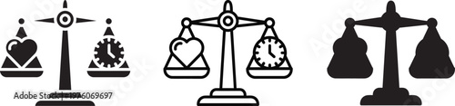 Work life balance and justice scale vector icons set featuring heart and clock symbols on weighing scales for mental health wellness and legal equality concept