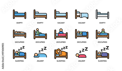 Various bed states: empty, occupied, sleeping icons in diverse colors