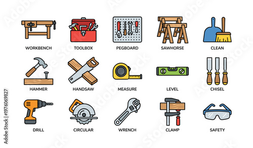 Workshop tools collection with workbench, toolbox, pegboard, and more essentials