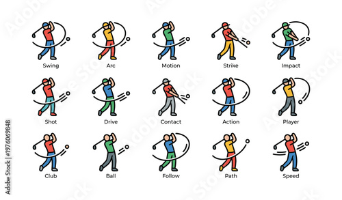 Illustrated golf swing sequence showcasing various poses in colorful outfits