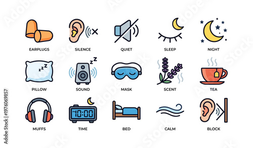 Sleep and relaxation icons featuring earplugs, pillow, sleep mask, tea, bed, and more