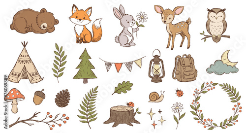 Cute woodland animals for adventure. Teepee, camping, nature icons set. Cozy nursery vector clip art.
